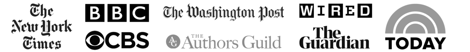 The New York Times, BBC, CBS, The Washington Post, The Authors Guild, Wired, The Guardian and Today logos
