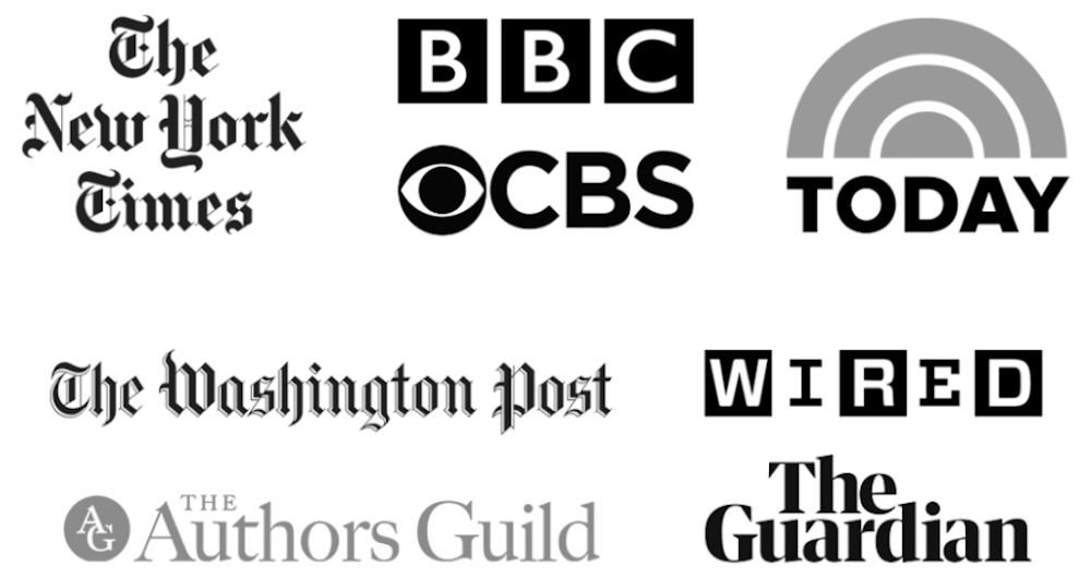 The New York Times, BBC, CBS, The Washington Post, The Authors Guild, Wired, The Guardian and Today logos
